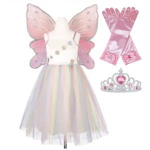 Feeënjurk Louanne met vleugels - kroon + handschoenen