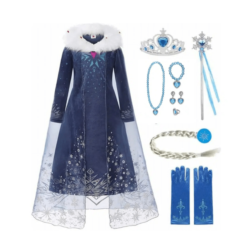 Voordeelpakket met blauwe Frozen Elsa jurk, tiara, toverstaf, vlecht, juwelen en blauwe handschoenen