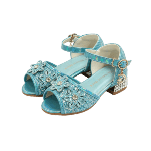 Blauwe prinsessen hakjes van Livia met glitters, bloemen, enkelbandjes en een versierde blokhak