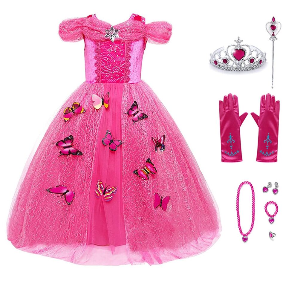 Doornroosje fuchsia jurk met vlinderrok, tiara, toverstaf, handschoenen en roze juwelenset