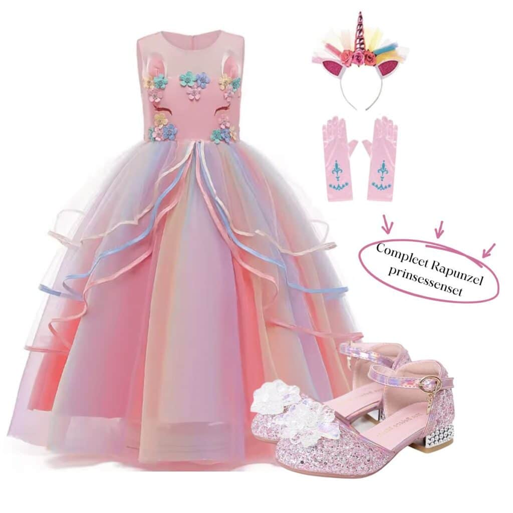 Roze unicorn jurk met tule rok, eenhoornhaarband, lange handschoenen en glinsterende prinsessenschoenen