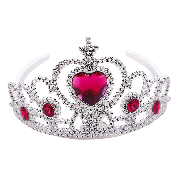 Fuchsia-zilveren prinsessenkroon met groot hartvormig juweel en kleinere rode stenen, vrijstaand afgebeeld