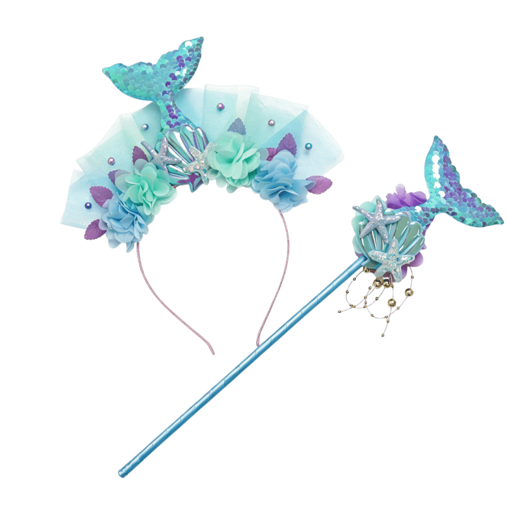 Blauwe zeemeerminset met prinsessenkroon en bijpassende toverstaf, versierd met bloemen en glitters.