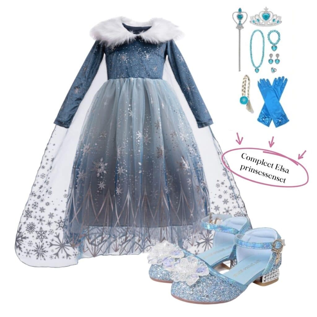 Frozen Elsa winterjurk prinsessenjurk blauw met prinsessenschoenen en prinsessenaccessoires